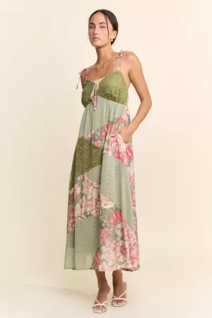 wholesale clothing flower printed and lace blocked midi dress davi & dani