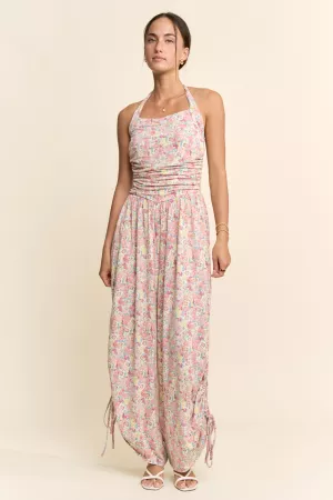 wholesale clothing floral print soft knit harem pant halter jumpsuit davi & dani