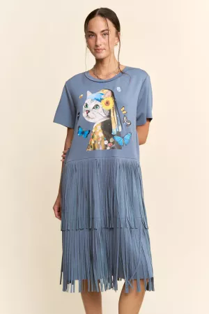 wholesale clothing soft knit aristo cat print fringed t shirt dress davi & dani