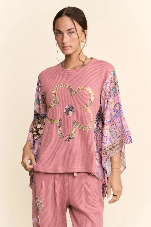 wholesale clothing batwing kimono sleeve stone peace patchwork top davi & dani