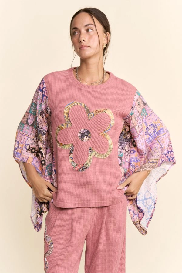 wholesale clothing batwing kimono sleeve stone peace patchwork top davi & dani