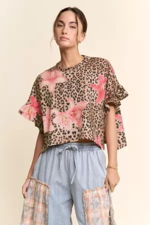 wholesale clothing vibrant floral leopard boho chic crop blouse top davi & dani