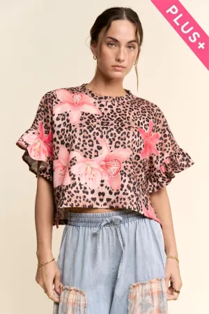 wholesale clothing plus vibrant floral leopard boho crop blouse top davi & dani