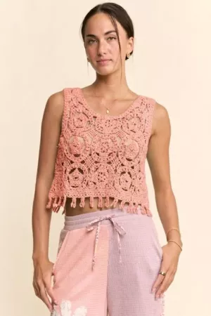 wholesale clothing crochet crop tank top sleeveless open lace floral davi & dani