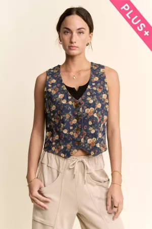 wholesale clothing plus ditsy flower printed denim vest davi & dani