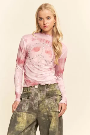 wholesale clothing tie dyed mesh peace studs lettus hem detail top davi & dani