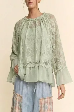 wholesale clothing sheer lace bell sleeve blouse round neckline davi & dani