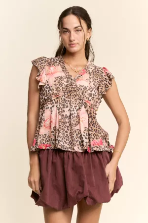 wholesale clothing leopard floral crinkle texture v neck blouse top davi & dani