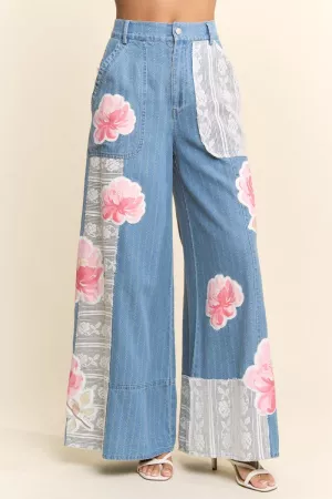 wholesale clothing printed flower patchwork lace blocked denim pants davi & dani