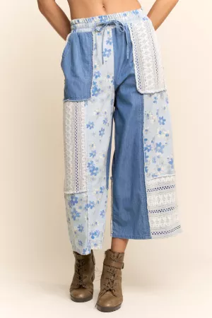 wholesale clothing printed denim lace blocked wide leg open pants davi & dani