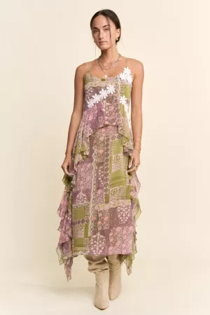 wholesale clothing boho printed chiffon ruffle lace maxi dress davi & dani