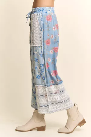 wholesale clothing printed denim lace blocked wide leg open pants davi & dani