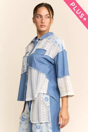 wholesale clothing plus printed denim blocked  button front shirt davi & dani