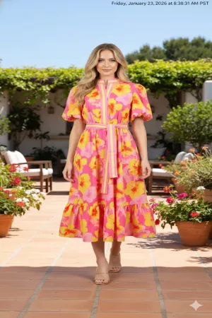 wholesale clothing puff sleeve elastic waist midi dress davi & dani