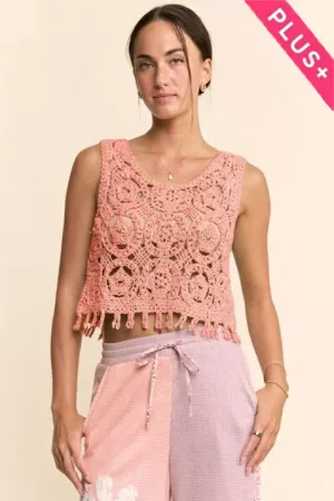 wholesale clothing plus crochet crop tank top sleeveless open lace floral davi & dani