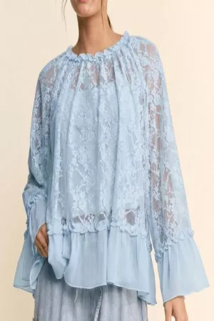 wholesale clothing plus sheer lace bell sleeve blouse round neckline davi & dani