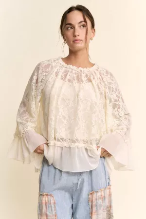 wholesale clothing sheer lace bell sleeve blouse round neckline davi & dani