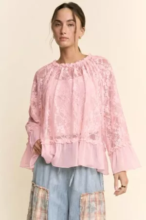 wholesale clothing plus sheer lace bell sleeve blouse round neckline davi & dani