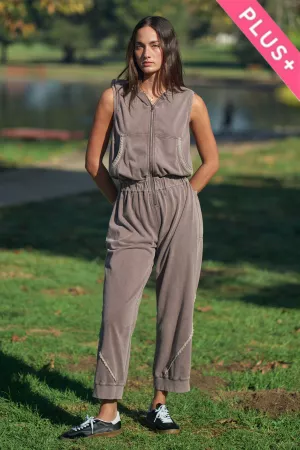 wholesale clothing plus washed lace trim hoodie jogger jumpsuit davi & dani