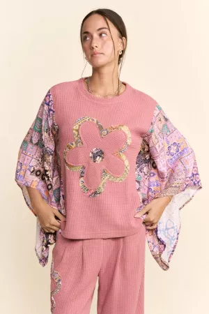 wholesale clothing batwing kimono sleeve stone peace patchwork top davi & dani