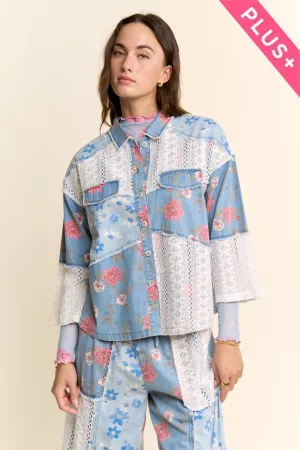 wholesale clothing plus printed denim blocked  button front shirt davi & dani
