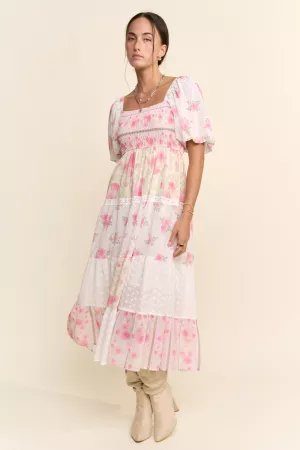 wholesale clothing printed chiffon smocking bodice tiered maxi dress davi & dani