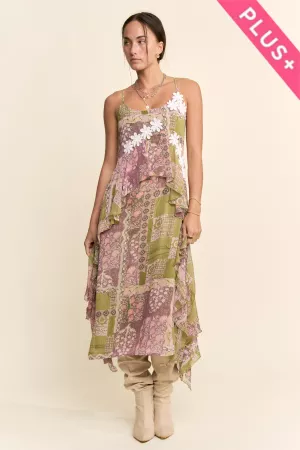 wholesale clothing plus boho printed chiffon ruffle lace maxi dress davi & dani