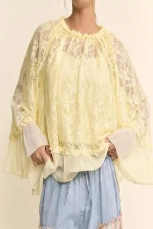 wholesale clothing plus sheer lace bell sleeve blouse round neckline davi & dani