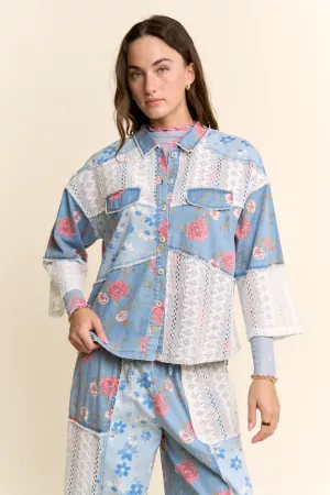 wholesale clothing printed denim lace blocked  button front shirt davi & dani