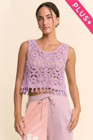 wholesale clothing plus crochet crop tank top sleeveless open lace floral davi & dani