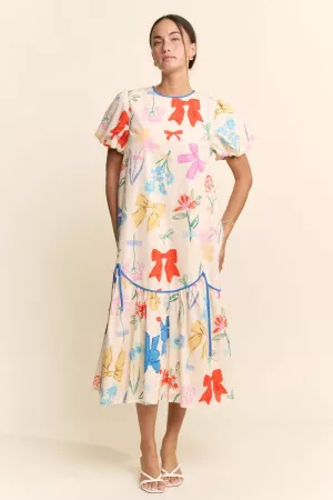 wholesale clothing bow flower printed binding detail midi dress davi & dani