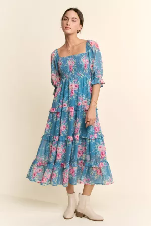 wholesale clothing smocking bodice garden floral chiffon maxi dress davi & dani