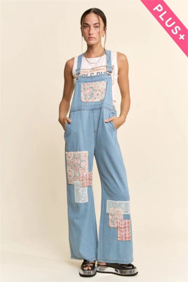 wholesale clothing plus lace tweed patch work denim overall jumpsuit davi & dani