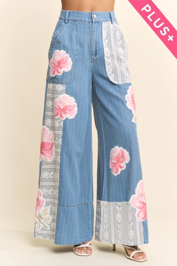 wholesale clothing plus printed flower patchwork blocked denim pant davi & dani