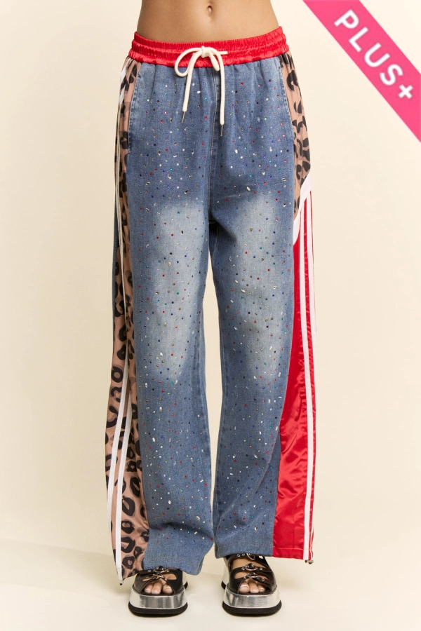 wholesale clothing plus rhinestone joggers crystal denim track pant davi & dani
