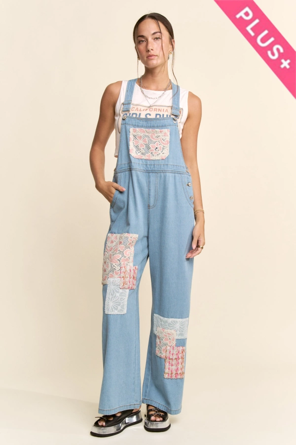wholesale clothing plus lace tweed patch work denim overall jumpsuit davi & dani