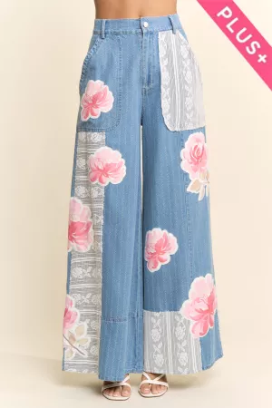 wholesale clothing plus printed flower patchwork blocked denim pant davi & dani