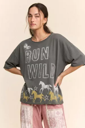 wholesale clothing run wild horse graphic mineral wash top davi & dani