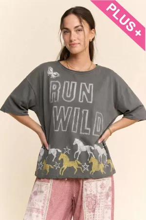 wholesale clothing plus run wild horse graphic mineral wash top davi & dani