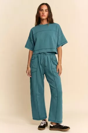 wholesale clothing mineral washed top elasic waist barrel pants set davi & dani