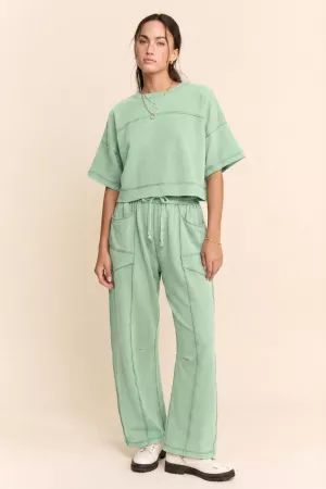 wholesale clothing mineral washed top elasic waist barrel pants set davi & dani