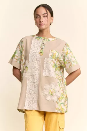 wholesale clothing mixed fabric crochet flower patchwork tunic top davi & dani