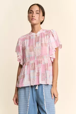 wholesale clothing boho ruffle sleeve patchwork floral blouse top davi & dani