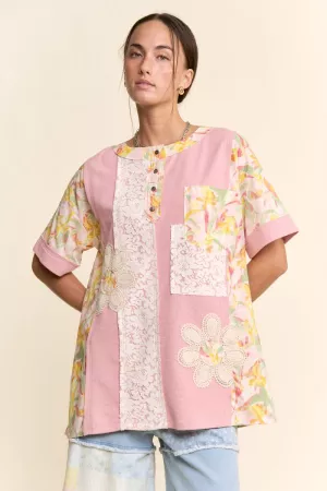 wholesale clothing mixed fabric crochet flower patchwork tunic top davi & dani