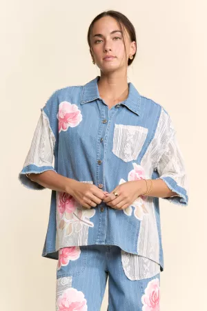 wholesale clothing flower patchwork lace button front shirt top davi & dani