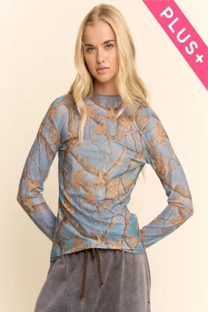 wholesale clothing plus camo print mesh long sleeve top davi & dani