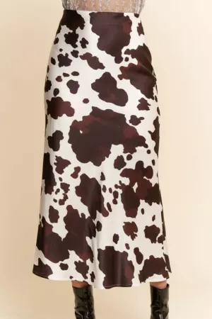 wholesale clothing satin polka dot and cow print midi skirt davi & dani