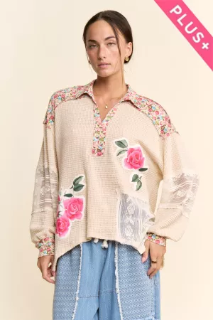 wholesale clothing plus soft waffle knit print flower patchwork top davi & dani