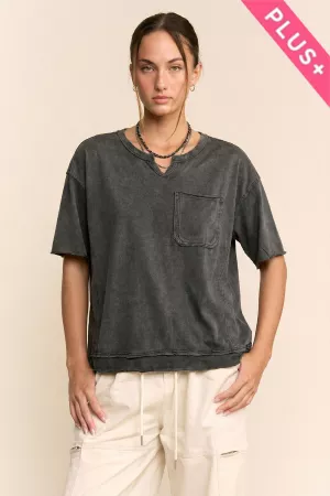 wholesale clothing plus garment wash knotched neck line pocketed top davi & dani