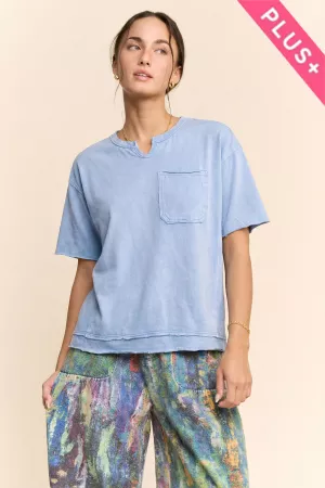 wholesale clothing plus garment wash knotched neck line pocketed top davi & dani